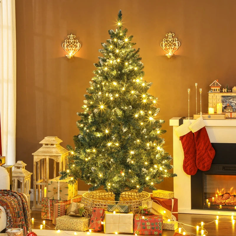 HOMCOM 6ft Frosted Pre-Lit Christmas Tree – Full Spruce with Dual Colour LED Lights, Hinged Design, Easy Assembly