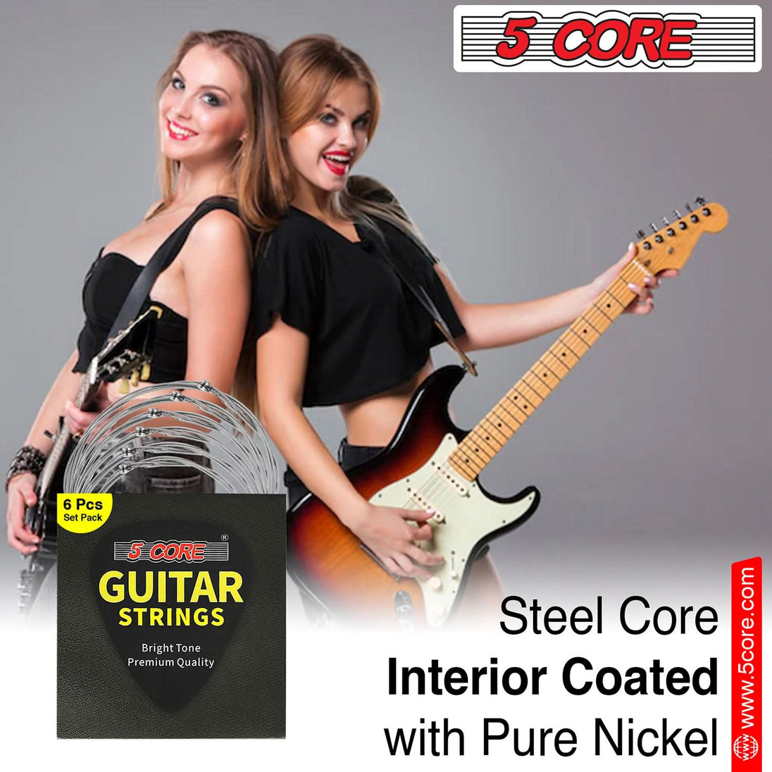 5Core Acoustic Guitar Strings 0.010-0.048 Steel Gauge Heavy Duty w Bright Tone For 6 String Guitars