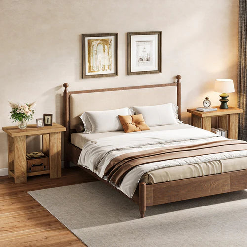 End Table 2-Tier Farmhouse Side Table with Storage Shelves 27.56" Wooden Nightstand for Small Spaces Living Room Bedroom Light Brown