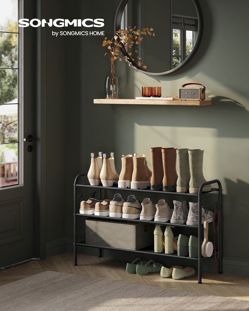 SONGMICS Fabric Shoe Rack with 4 Hooks Ink Black