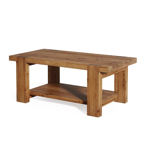 Wood Coffee Table 47.2" Solid Wood Rectangle Center Table with 2-Tier Storage Shelf and Thick Tabletop Rustic Brown