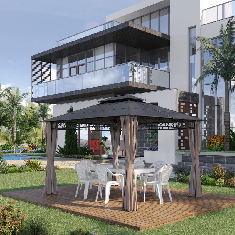 Outsunny 10' x 12' Outdoor Gazebo Canopy, Double Roof Hardtop Gazebo with Polycarbonate Roof, Steel Frame, Nettings and Curtains, for Garden, Lawn, Backyard and Deck, Khaki