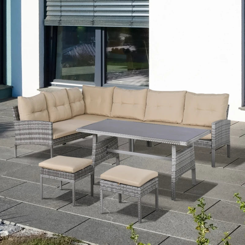 Outsunny 6 PCS Outdoor Patio Dining Table Sets All Weather PE Rattan Sofa Chair Furniture set Indoor Outdoor Backyard Garden with Cushions Khaki