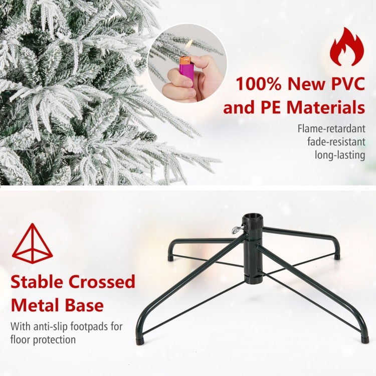 8 Feet Snow-flocked Artificial Christmas Tree Pre-lit Hinged Xmas Tree with Warm White LED Lights