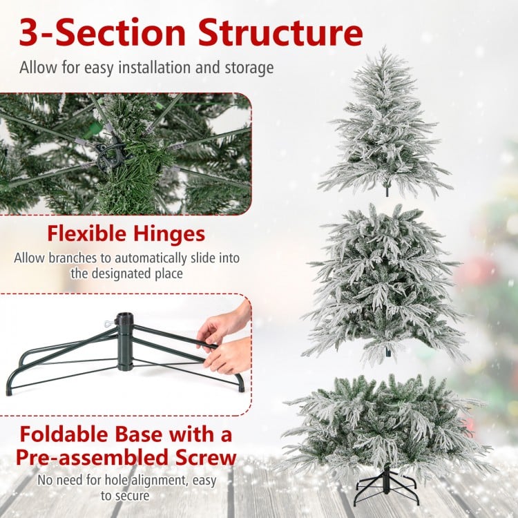 8 Feet Snow-flocked Artificial Christmas Tree Pre-lit Hinged Xmas Tree with Warm White LED Lights