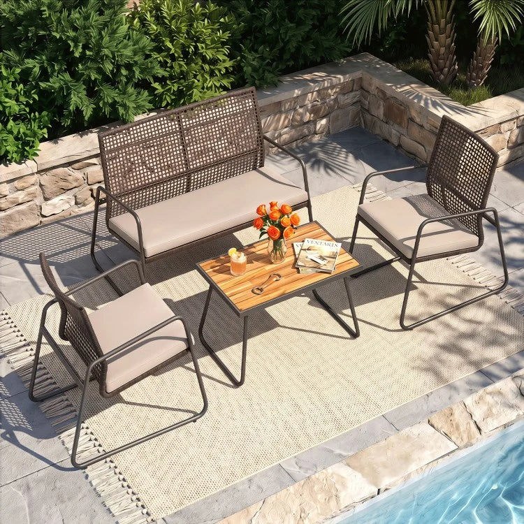 8-Piece Patio Furniture Set with Acacia Wood Coffee Table, Wicker Conversation Seating, Beige Cushions & Washable Covers
