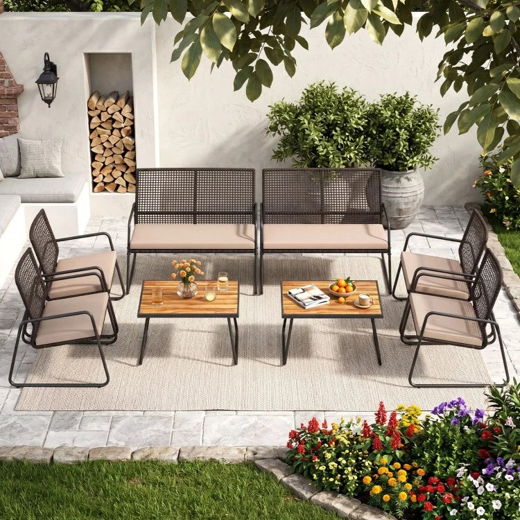8-Piece Patio Furniture Set with Acacia Wood Coffee Table, Wicker Conversation Seating, Beige Cushions & Washable Covers