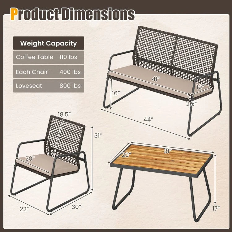 8-Piece Patio Furniture Set with Acacia Wood Coffee Table, Wicker Conversation Seating, Beige Cushions & Washable Covers