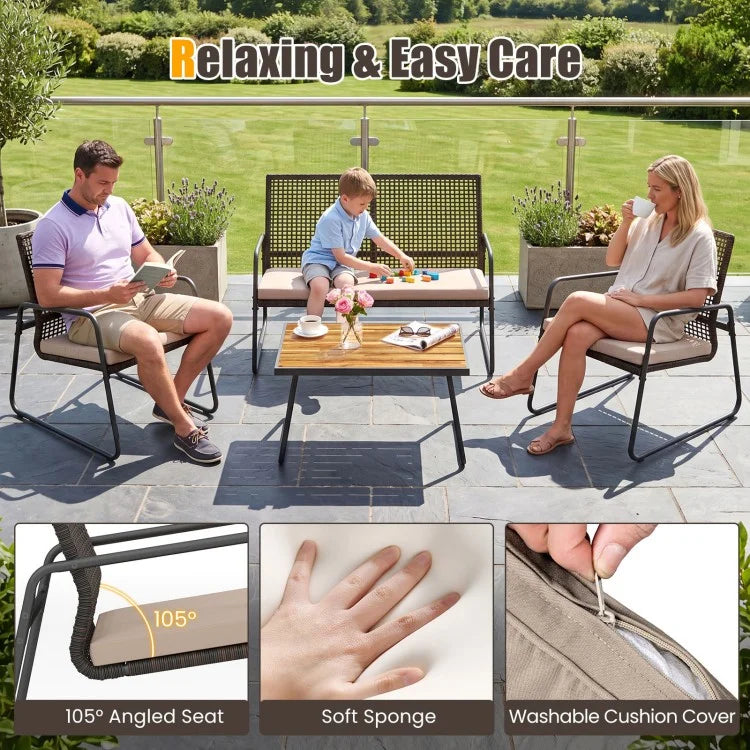 8-Piece Patio Furniture Set with Acacia Wood Coffee Table, Wicker Conversation Seating, Beige Cushions & Washable Covers