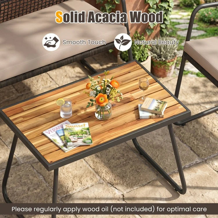 8-Piece Patio Furniture Set with Acacia Wood Coffee Table, Wicker Conversation Seating, Beige Cushions & Washable Covers