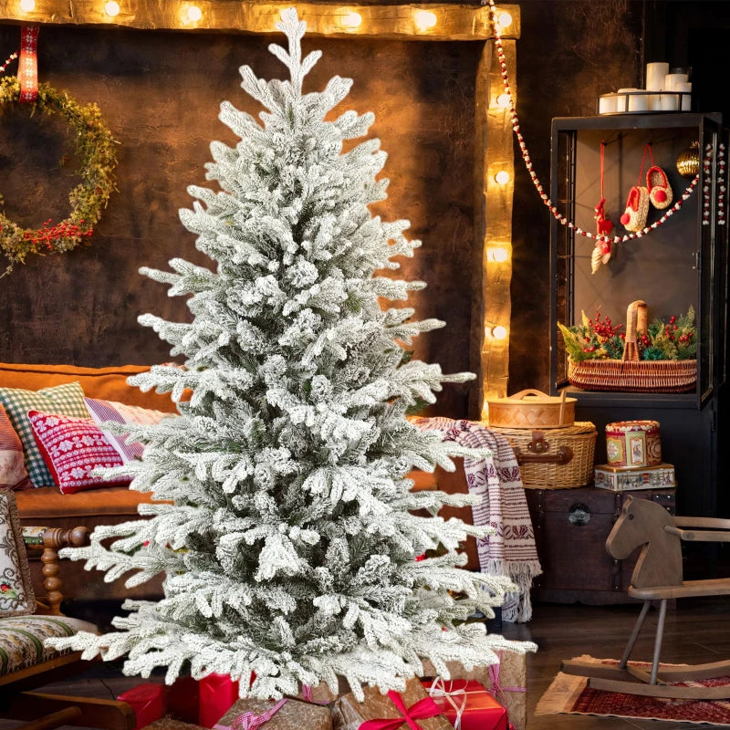 HOMCOM 7FT Artificial Flocked Christmas Tree, Full Snow-Covered Pine Xmas Tree with Realistic Tips, Hinged Branches, and Metal Stand