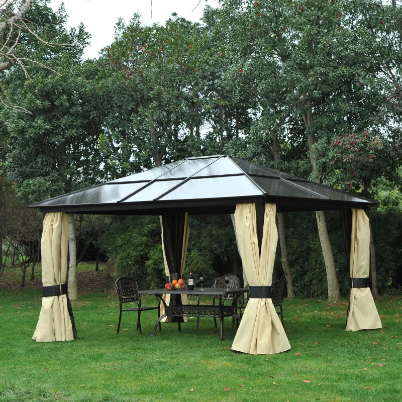 Outsunny 12' x 14' Deluxe Hard Top Patio Gazebo Canopy Garden Aluminum Shelter with Curtains and Mosquito Netting