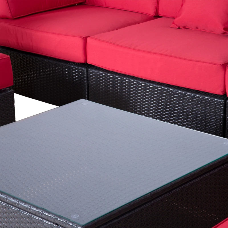 Outsunny 9 Pieces Wicker Patio Furniture Set with Cushion, PE Rattan Outdoor Conversation Set Sectional Sofa Set with 2 Loungers and Glass Tabletop, Aluminum Frame, Coffee & Red
