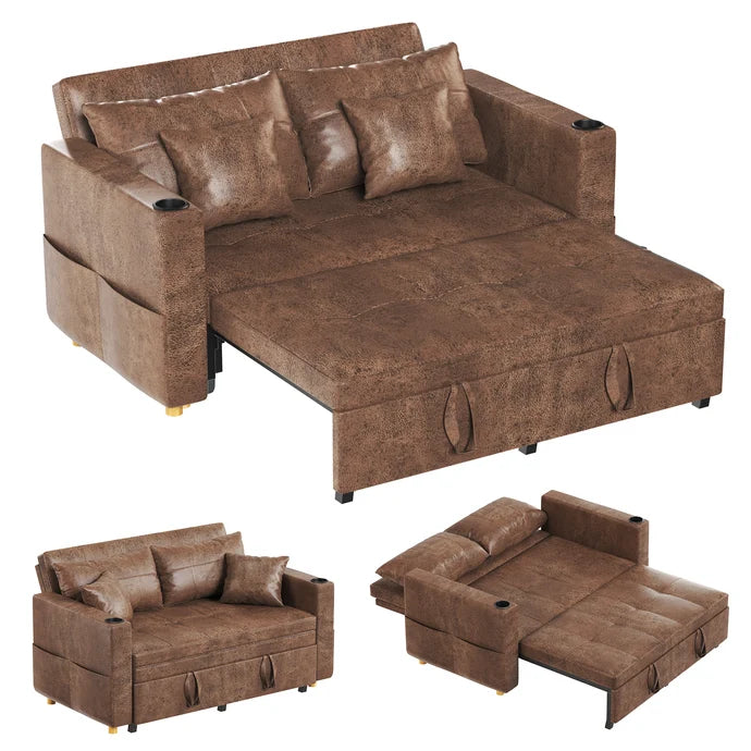 63" 3-in-1 Convertible Sleeper Sofa Bed with Adjustable Backrest & Cup Holders