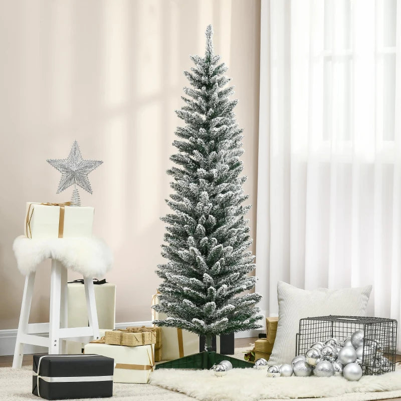 HOMCOM 5ft Pencil Artificial Christmas Tree with Snow Flocked Branches, Slim Green Holiday Decor