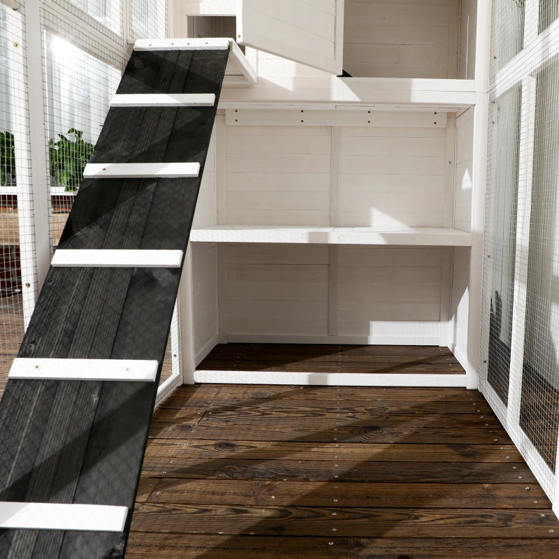 PawHut 68.7" H Cat Cage Large Wooden Outdoor Cat House with Large Run for Play, Catio for Lounging, and Condo Area for Sleeping, White