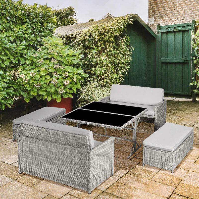 Outsunny 5 Pieces Wicker Patio Dining Set, Conversational Rattan Loveseat Sofa, Ottoman and Dining Table, 6-seater Outdoor Furniture Set with Glass Tabletop and Cushions, Gray