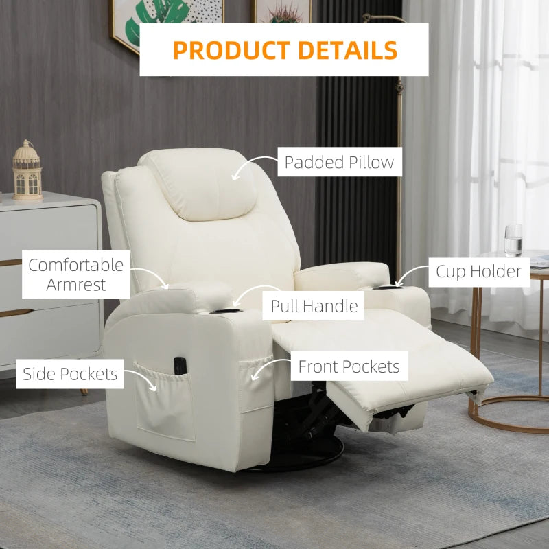 HOMCOM Massage Recliner Chair for Living Room with 8 Vibration Points, PU Leather Swivel Rocker Manual Reclining Chair with Cup Holders, Cream White