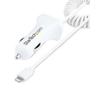 Lightning Car Charger with Coiled Cable, 1m Built-in Cable, 12W, White, 2 Port USB Car Charger Adapter, In Car iPhone Charger