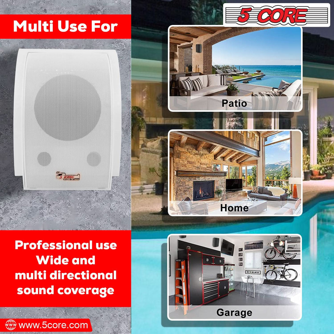 5Core 100W Peak Outdoor Stereo Speakers – Passive In-Wall Home Audio System