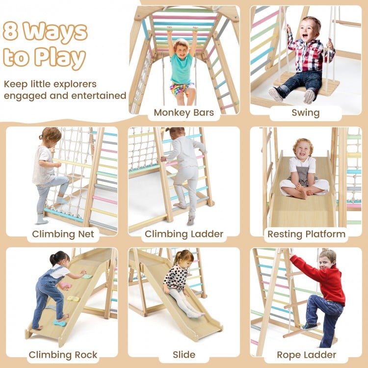 8-in-1 Jungle Gym Wooden Montessori Climber Playset with Slide and Monkey Bar for Kids 3-5 Years Old-Multicolor