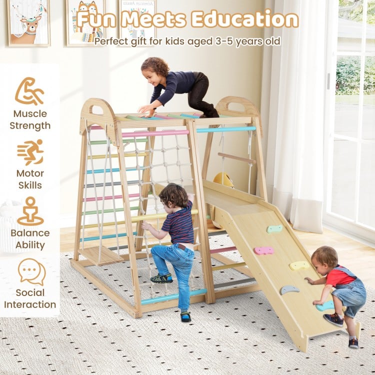 8-in-1 Jungle Gym Wooden Montessori Climber Playset with Slide and Monkey Bar for Kids 3-5 Years Old-Multicolor