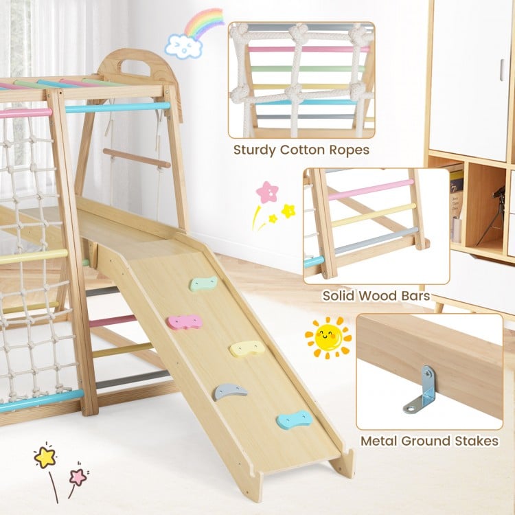 8-in-1 Jungle Gym Wooden Montessori Climber Playset with Slide and Monkey Bar for Kids 3-5 Years Old-Multicolor