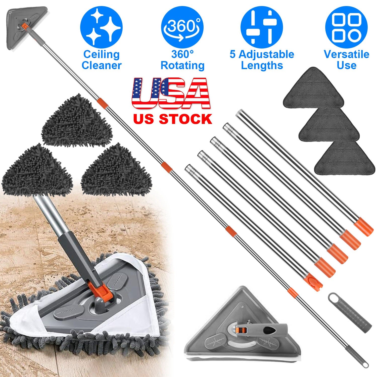 21.85?To 82.68?Length Adjustable Triangle Cleaning Mop Wall Cleaner Mop with Long Handle Window Baseboard Floor Ceiling Mop with 6 Replacement Pads