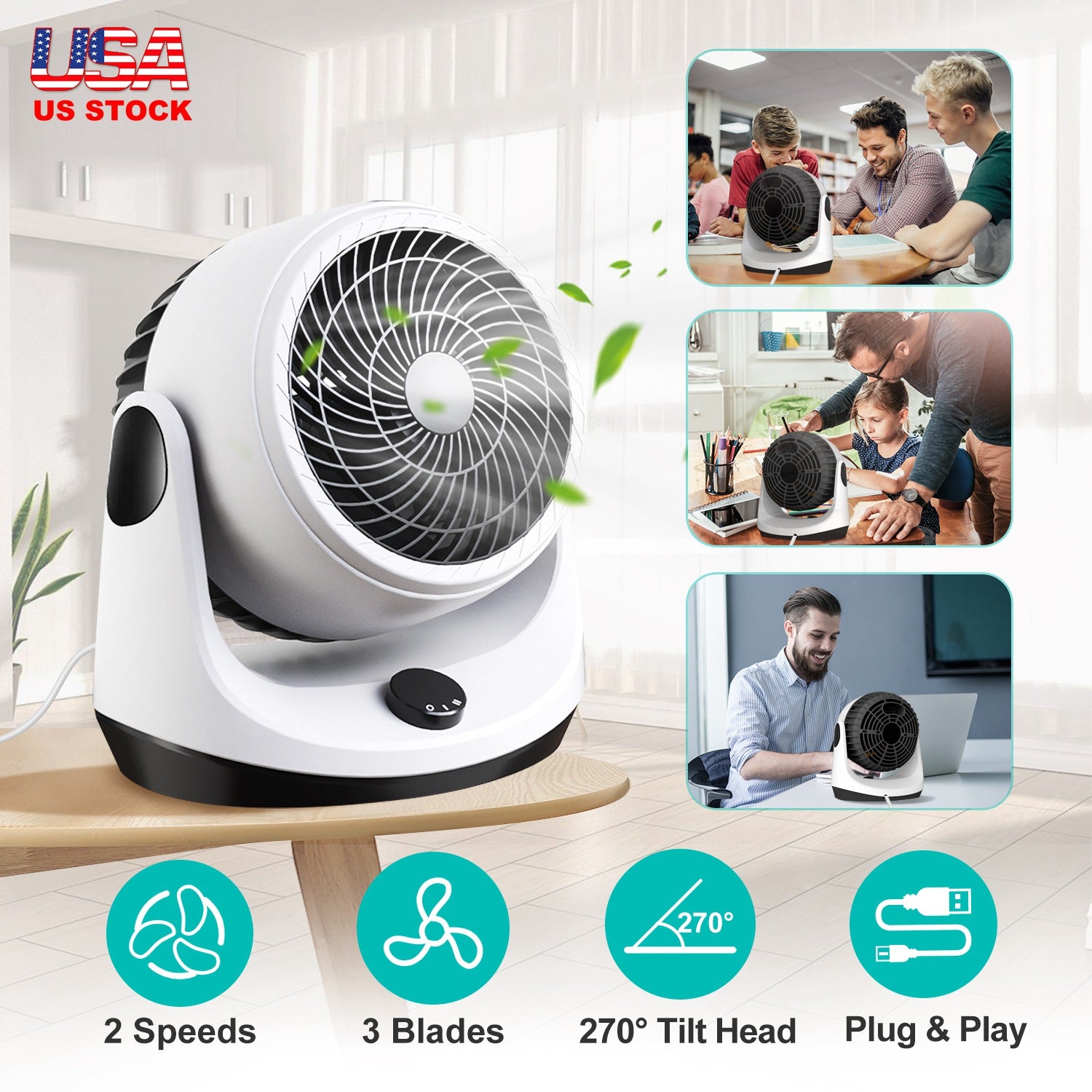 Table Desktop Fan Air Circulator Office Fan with 2 Speeds 270° Adjustable Head USB Plug Play for Room Office Kitchen Office