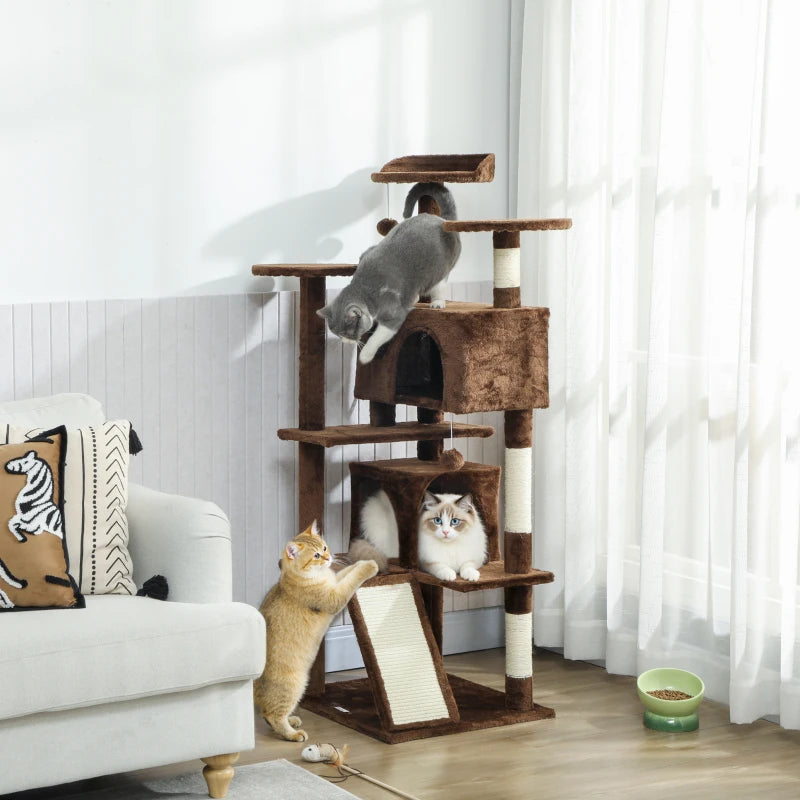 54" Cat Tree, Multi-Level Cat Tower with Scratching Posts, Cat Condos, Bed, Platforms, Ramp, Toy Ball, Light Brown