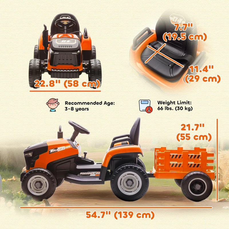 Qaba 12V Kids Ride On Tractor with Trailor, Remote Control, Music, Lights, Shifter, for Kids Ages 3-8 Years, Orange