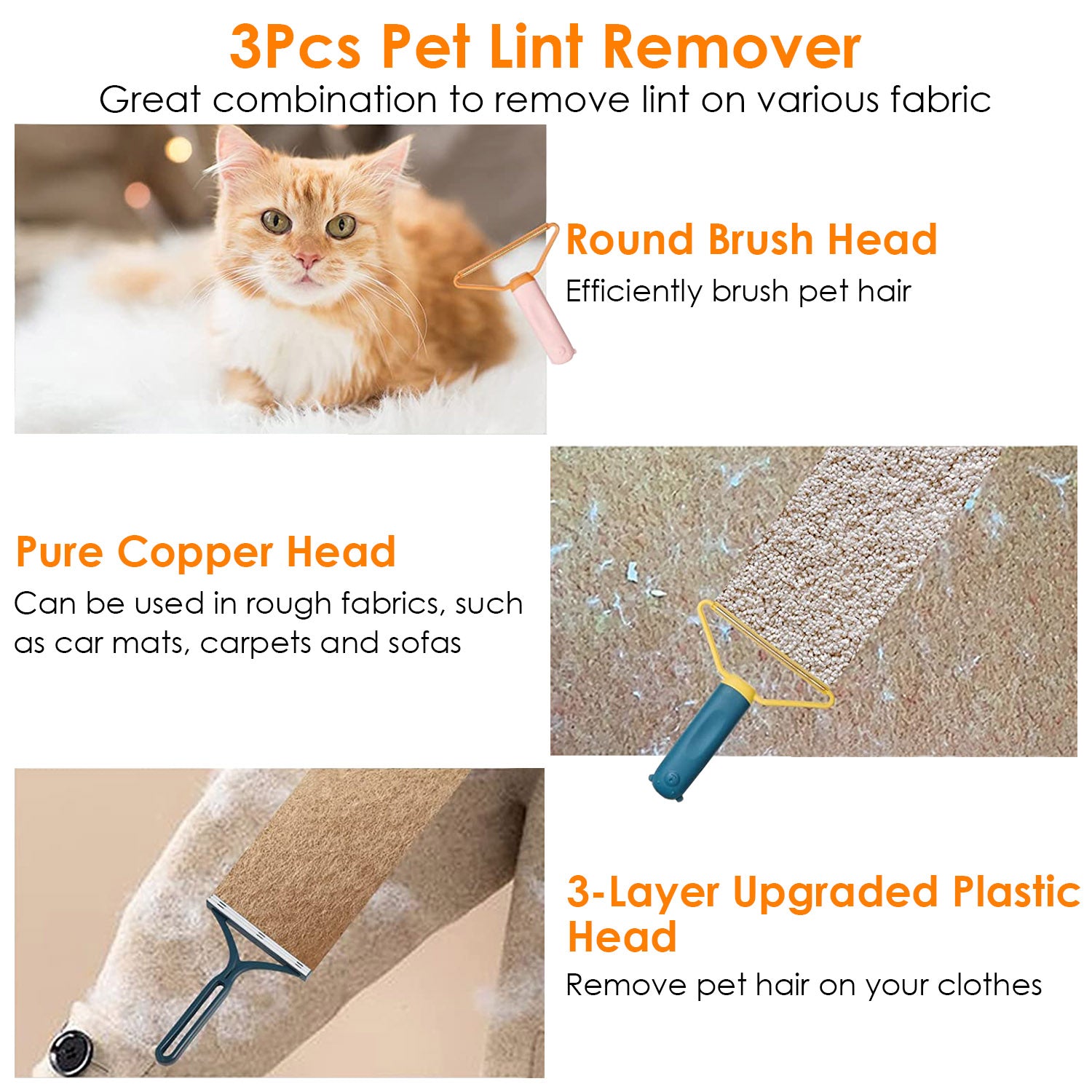 3Pcs Portable Lint Remover Reusable Double Sided Fabric Clothes Shaver Carpet Fuzz Carpet Scraper for Sweater Couch Mat