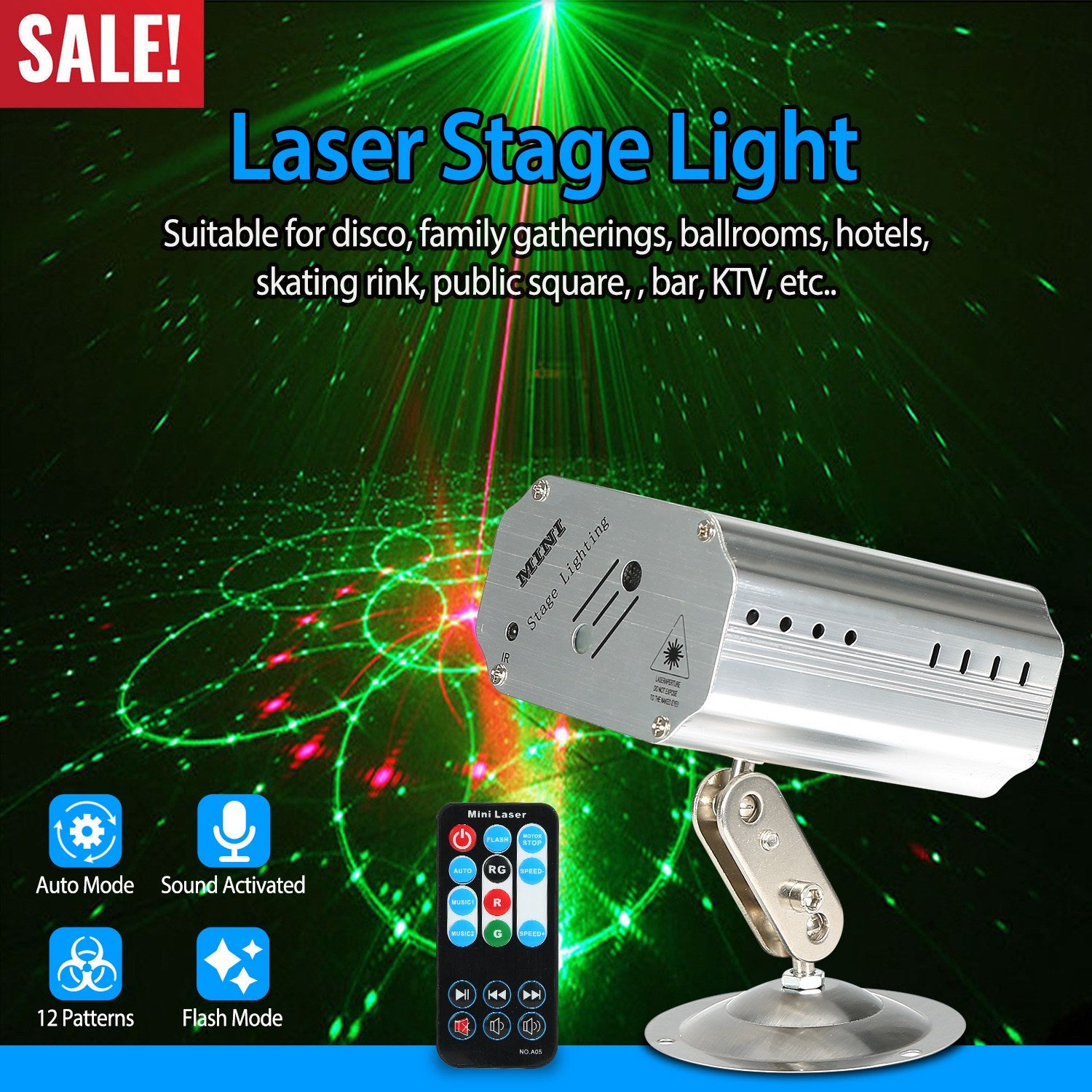 Sound Activated LED Projector Laser Patterns Laser Party Lights Disco Bar Music Strobe Lights