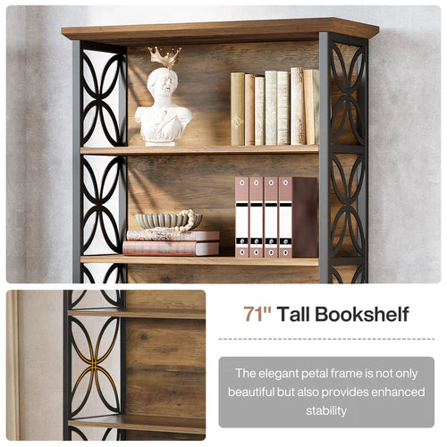Bookshelf 71" Industrial 6-Tier Bookcase with Open Storage Shelves and Metal Frame Rustic Brown & Black