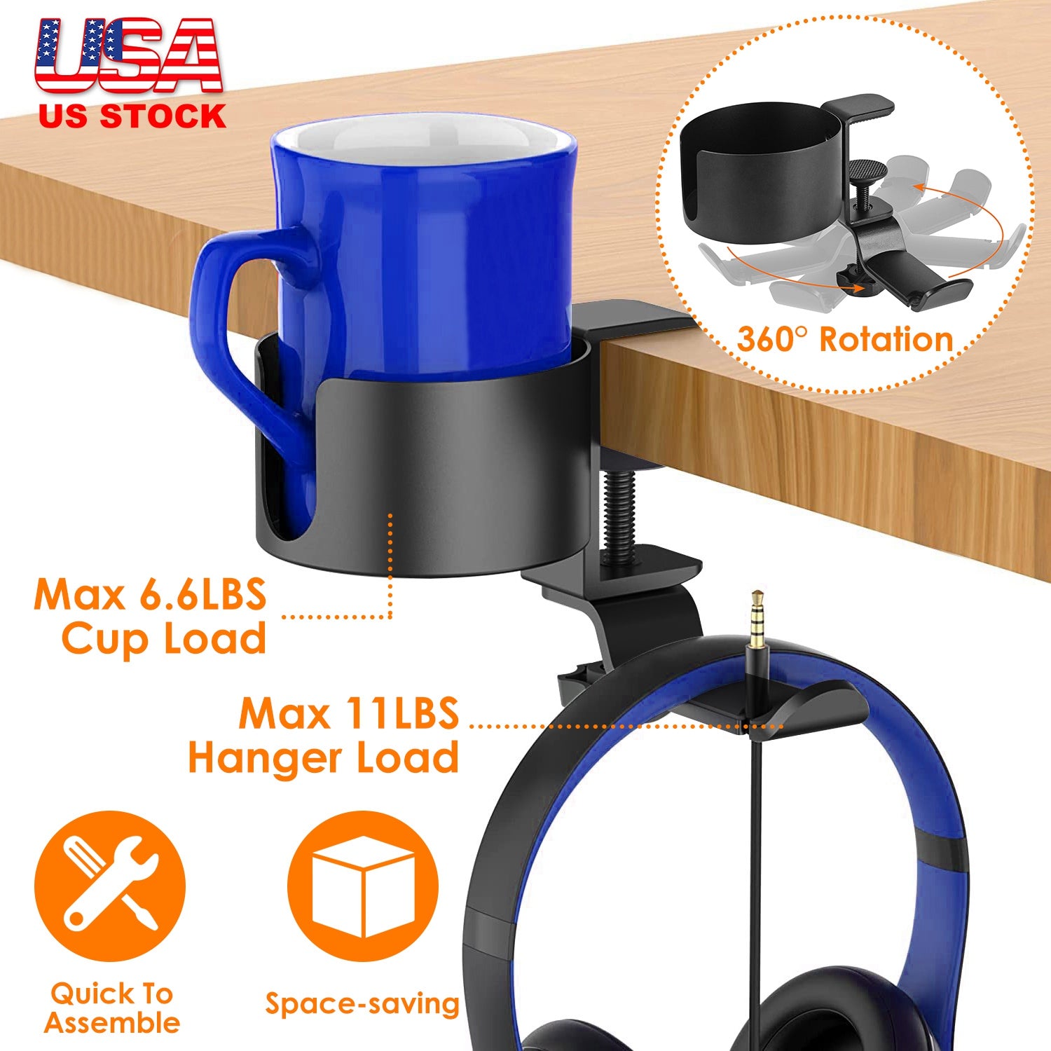 Desk Cup Holder 2-In-1 Anti-spill Cup Holder with 360° Rotating Headphone Hanger Desk Space Saver for Office Home