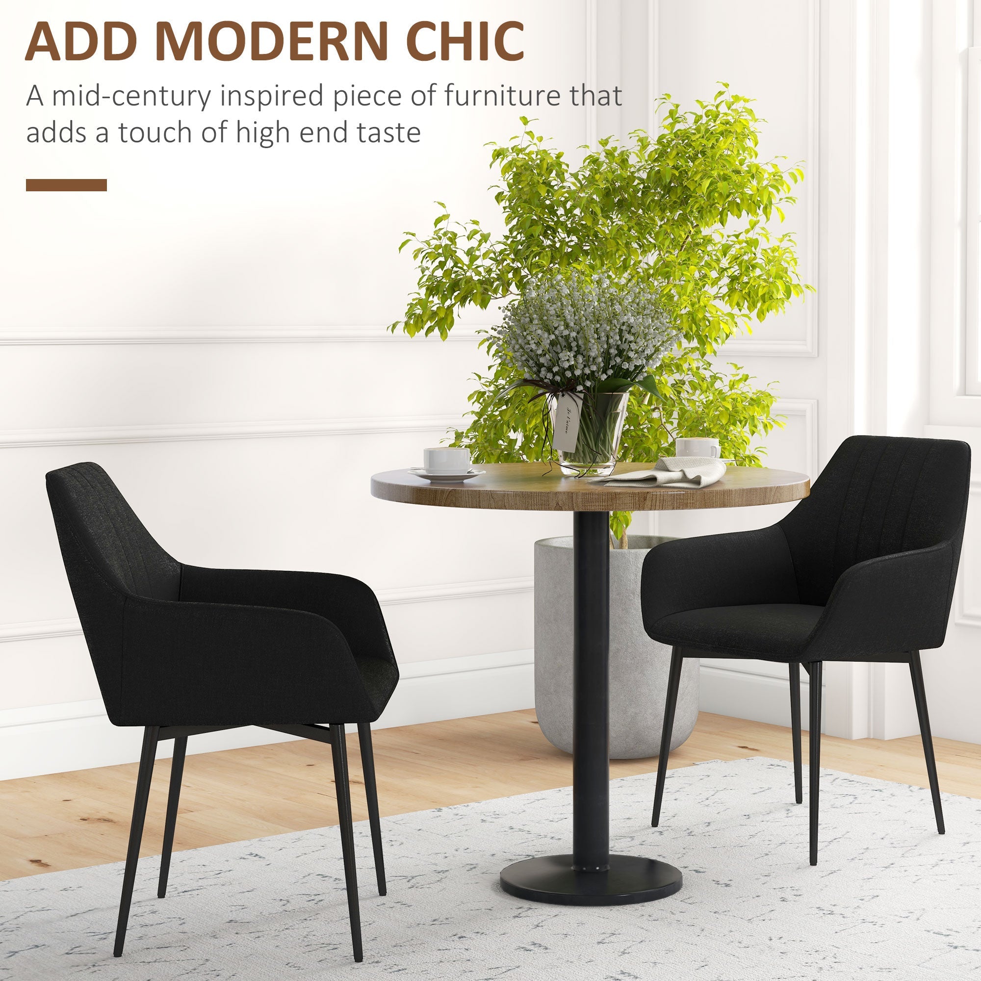 HOMCOM Upholstered Linen Fabric Accent Dining Chairs Set of 2 Metal Legs Black