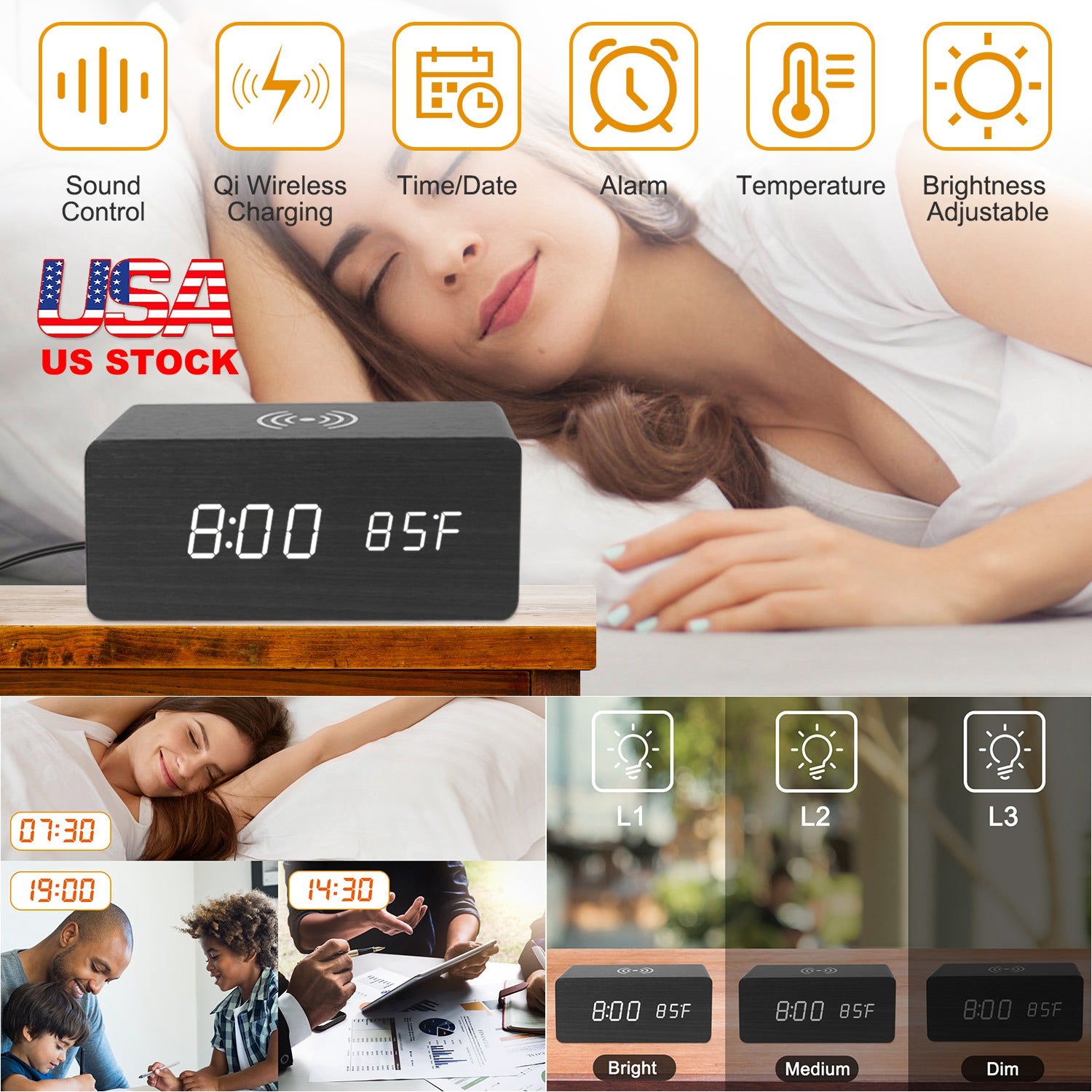 Digital Alarm Clock Qi-Wireless Charger Time Temperature Calendar Display Clock w/ Voice Control Brightness Adjustment (Black)