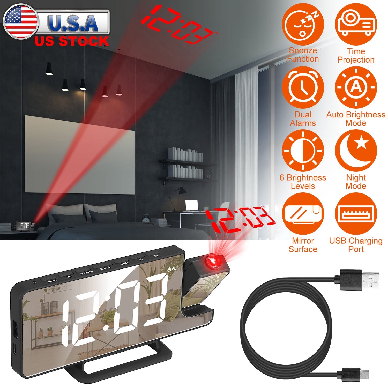 Projection Alarm Clock LED Digital Alarm Clock with Dual Alarms Snooze Function 6 Dimmer 12/24 Hour USB Port 7.7In Mirror