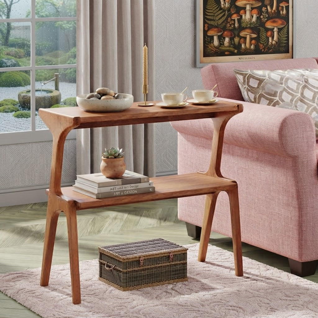 2-Tier End Table, Solid Wood Sofa Side Table with Storage Shelf, Mid-Century Modern Nightstand for Living Room & Bedroom