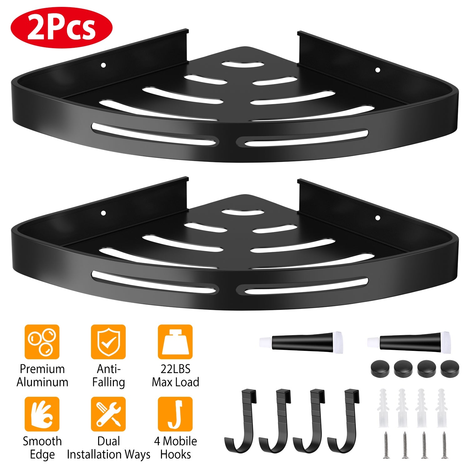 2Pcs Corner Shower Caddy Shelf Adhesive Bathroom Wall Mounted Storage Racks Aluminum No Drilling Organizers For Bathroom Toilet Kitchen Dorm