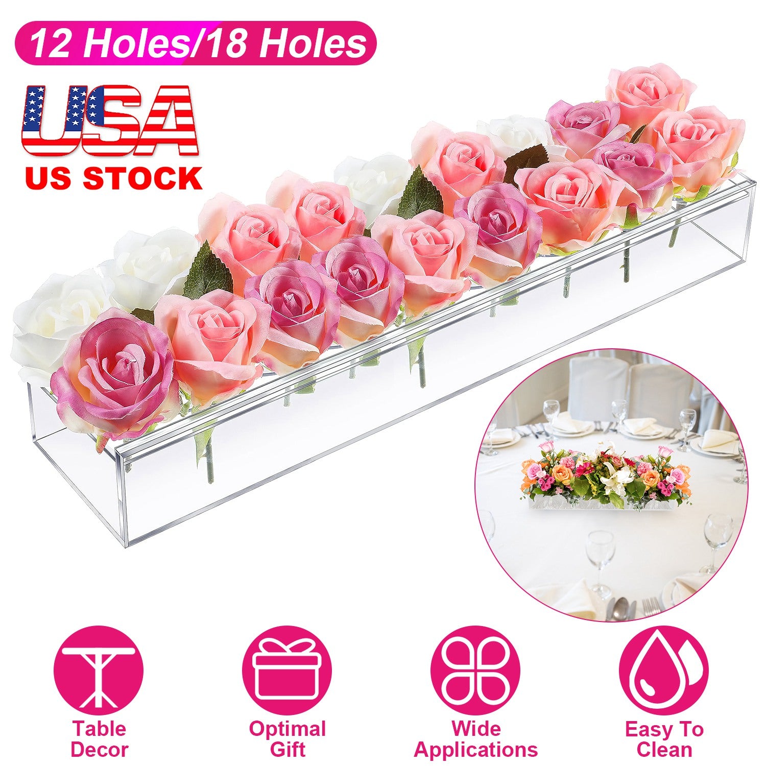 Clear Acrylic Flower Vase Rectangular Floral Centerpiece for Table Decoration Modern Flower Holder for Mother’s Day Valentine’s Day Wedding Party 18 H