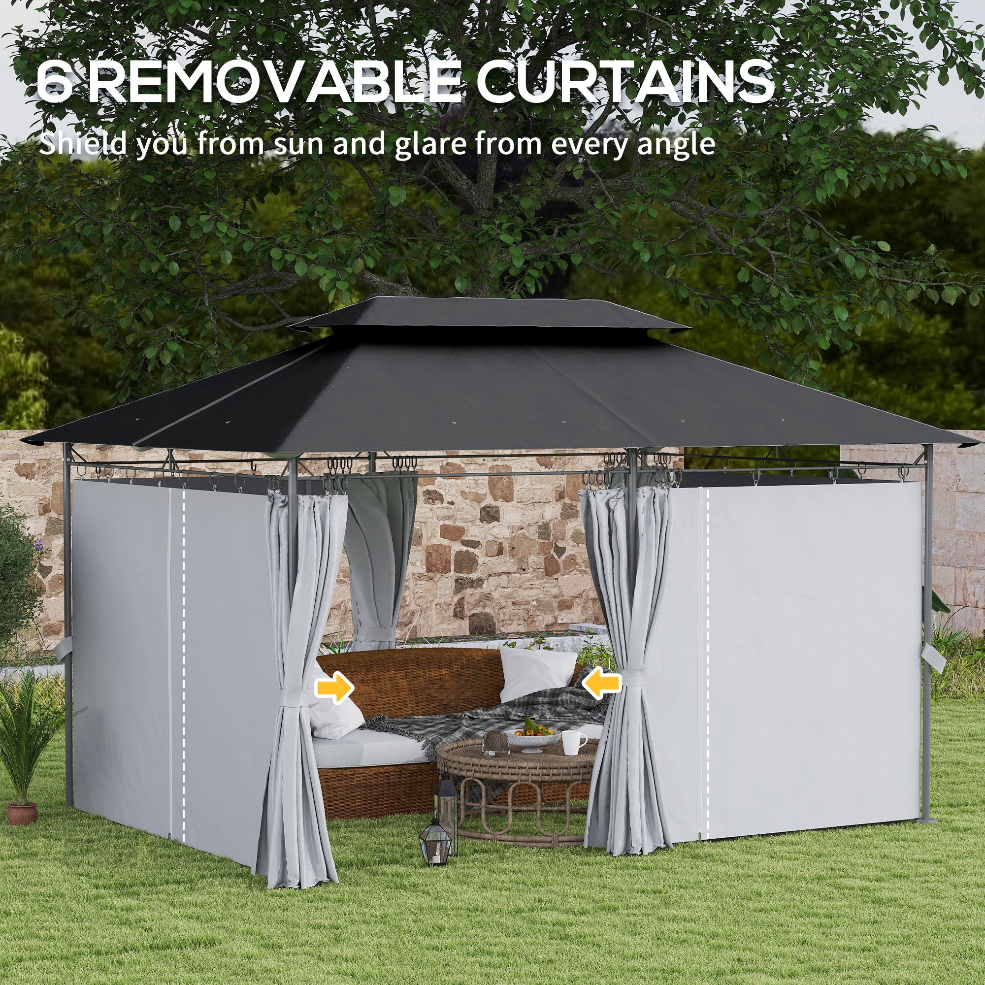 Outsunny 10' x 13' Double Roof Patio Gazebo, Outdoor Gazebo with Curtains, for Garden, Lawn, Backyard and Deck, Dark Grey