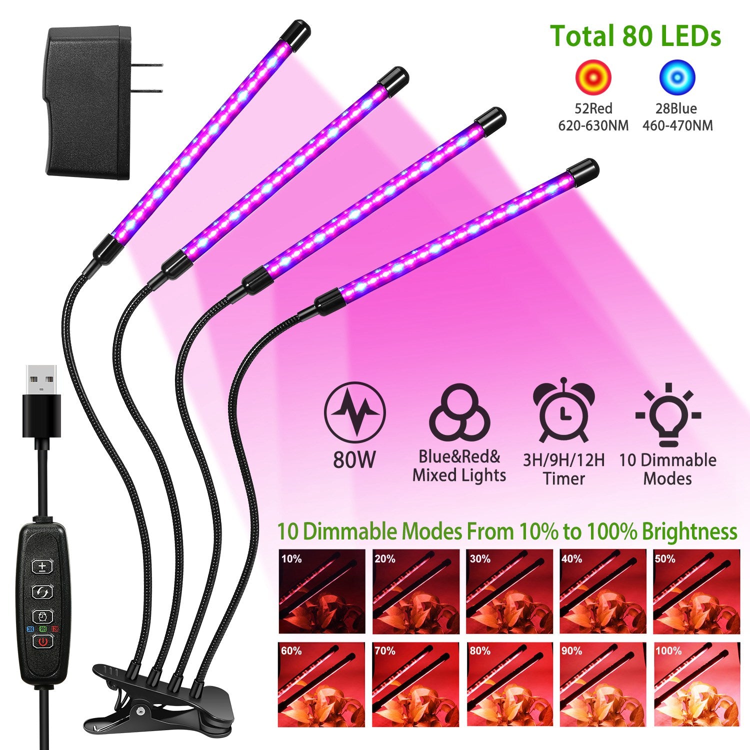 Grow Lights for Indoor Plants, iMounTEK 80W 80 LEDs Plant Lights with Red Blue Full Spectrum 10 Dimmable Level 360°Adjustable Gooseneck 3/6/12H Timer