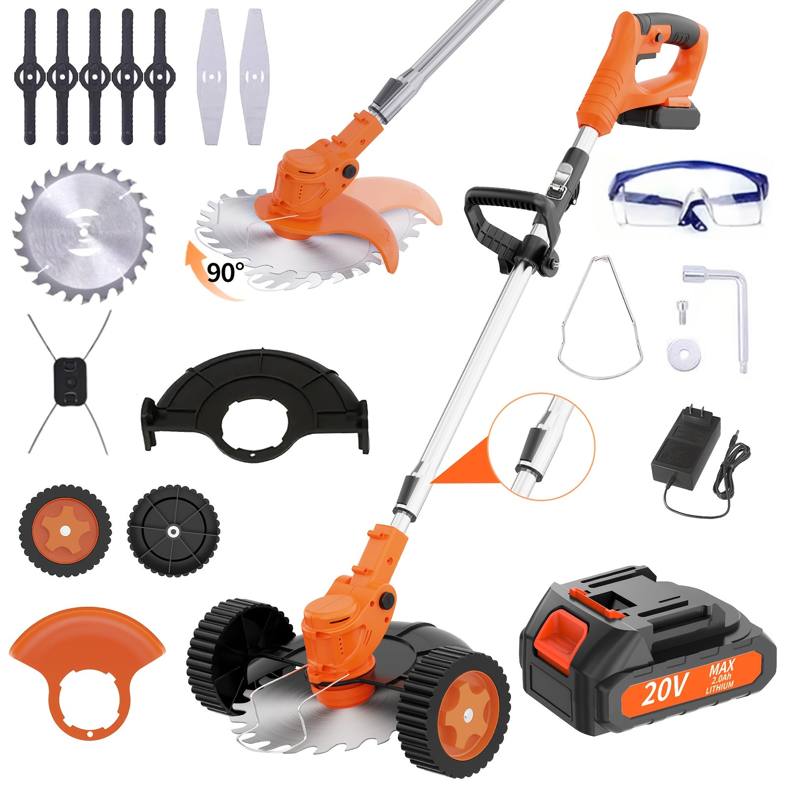 20V Electric Weed Wacker Cordless Grass Trimmer with Battery, Ortable Home Cordless Electric Lawn Mower with Wheels, 3in 1 Stringless Lightweight Brush Cutter/Edger with 4 Types Blade & Wheels for Garden And Yard Lawn, Effici