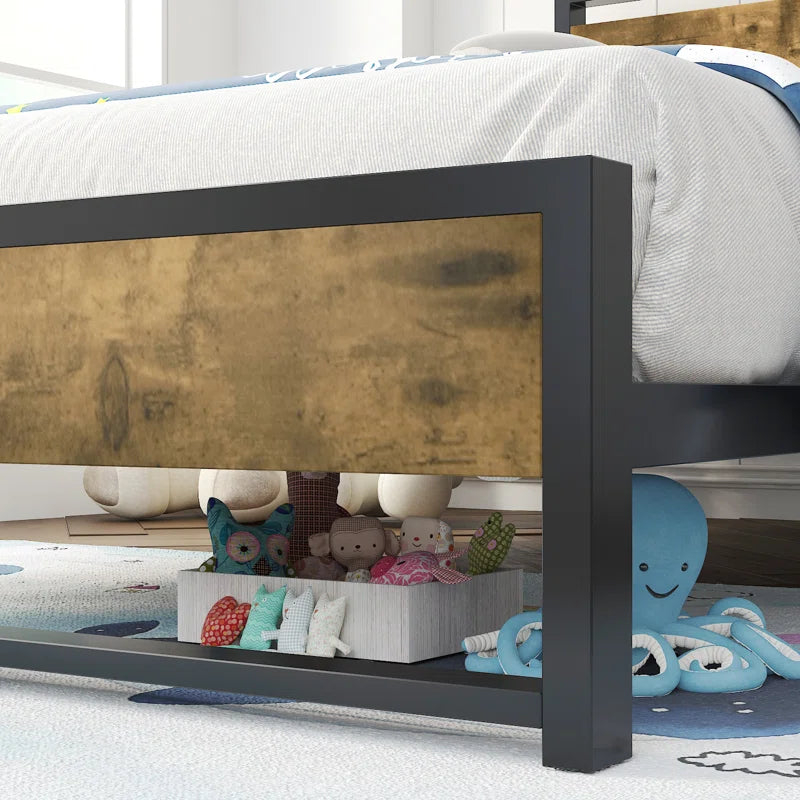 Fenham Black Metal Platform Bed with Industrial Wood Headboard
