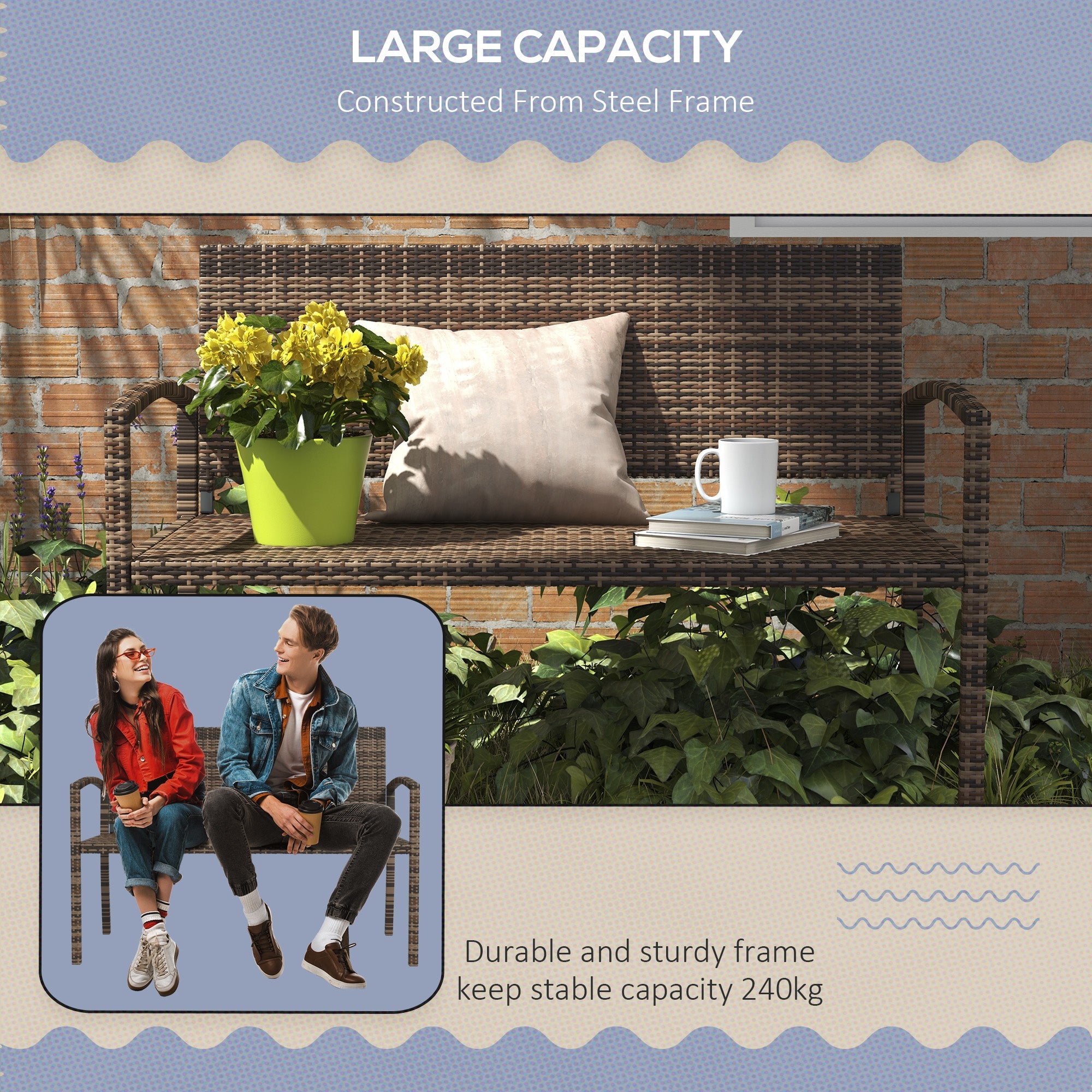 Outsunny Rattan Wicker Loveseat Garden Furniture Leisure Chair with Armrests Brown