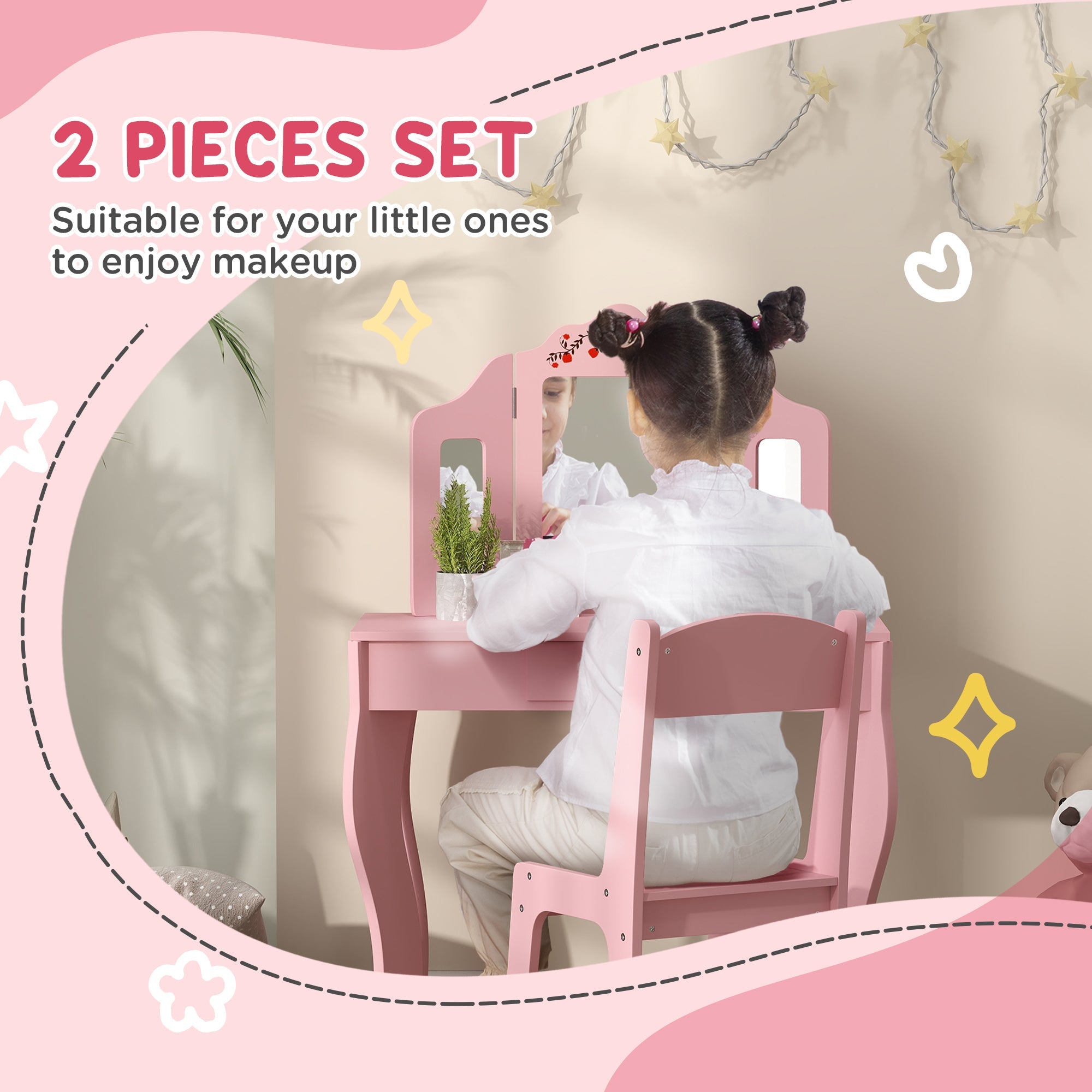 Qaba Kids Vanity Set, Dual-Use Dressing Table with Removable Tri-Folding Mirror and Drawer, for Ages 3-8, Pink