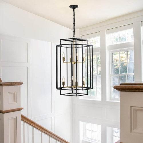 8 Lights Black & Gold Lantern Tiered Chandelier, Industrial Farmhouse Chandelier - No Bulbs