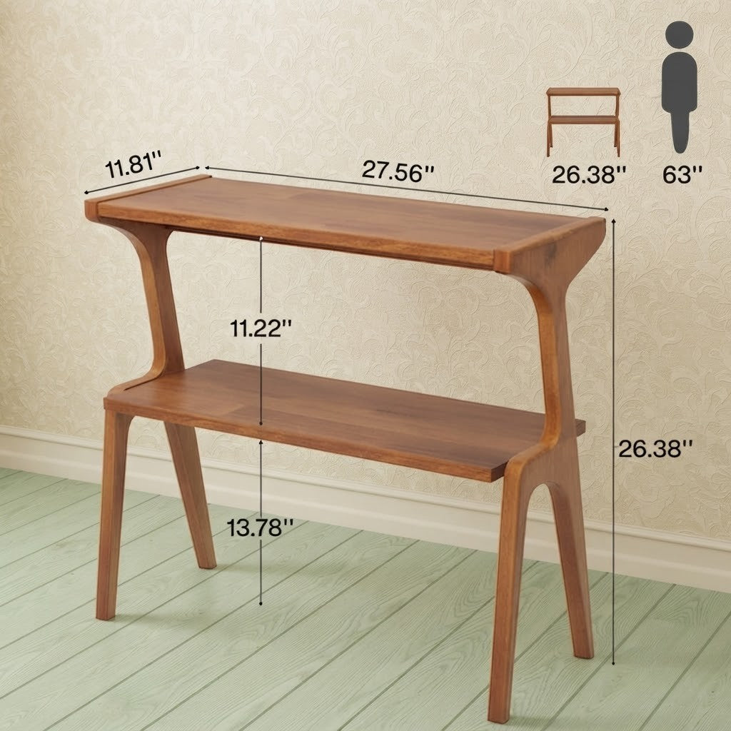 2-Tier End Table, Solid Wood Sofa Side Table with Storage Shelf, Mid-Century Modern Nightstand for Living Room & Bedroom