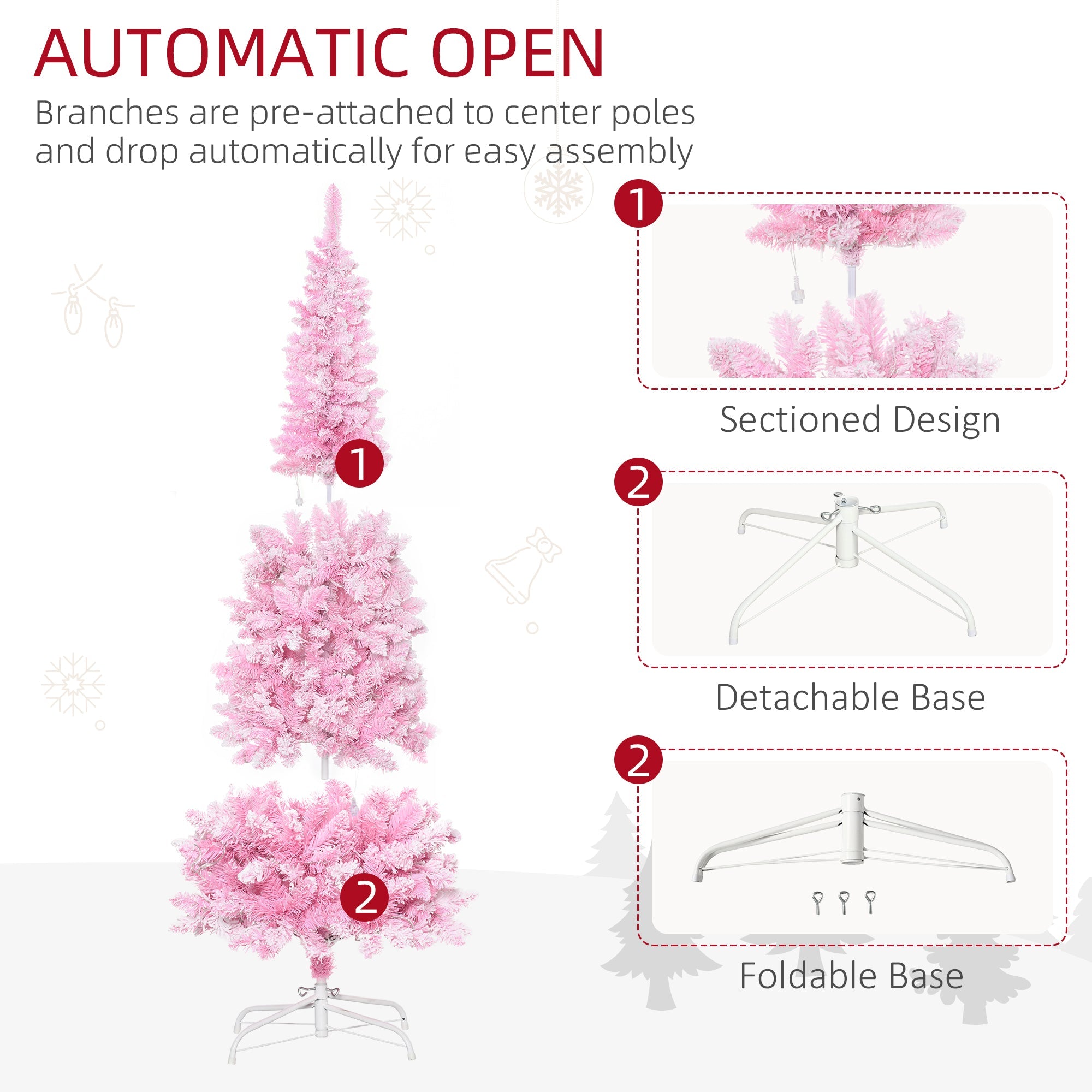HOMCOM 6 Foot Prelit Snow Flocked Artificial Christmas Tree with Pencil Shape, 500 Pine Realistic Branches, Warm White LED lights